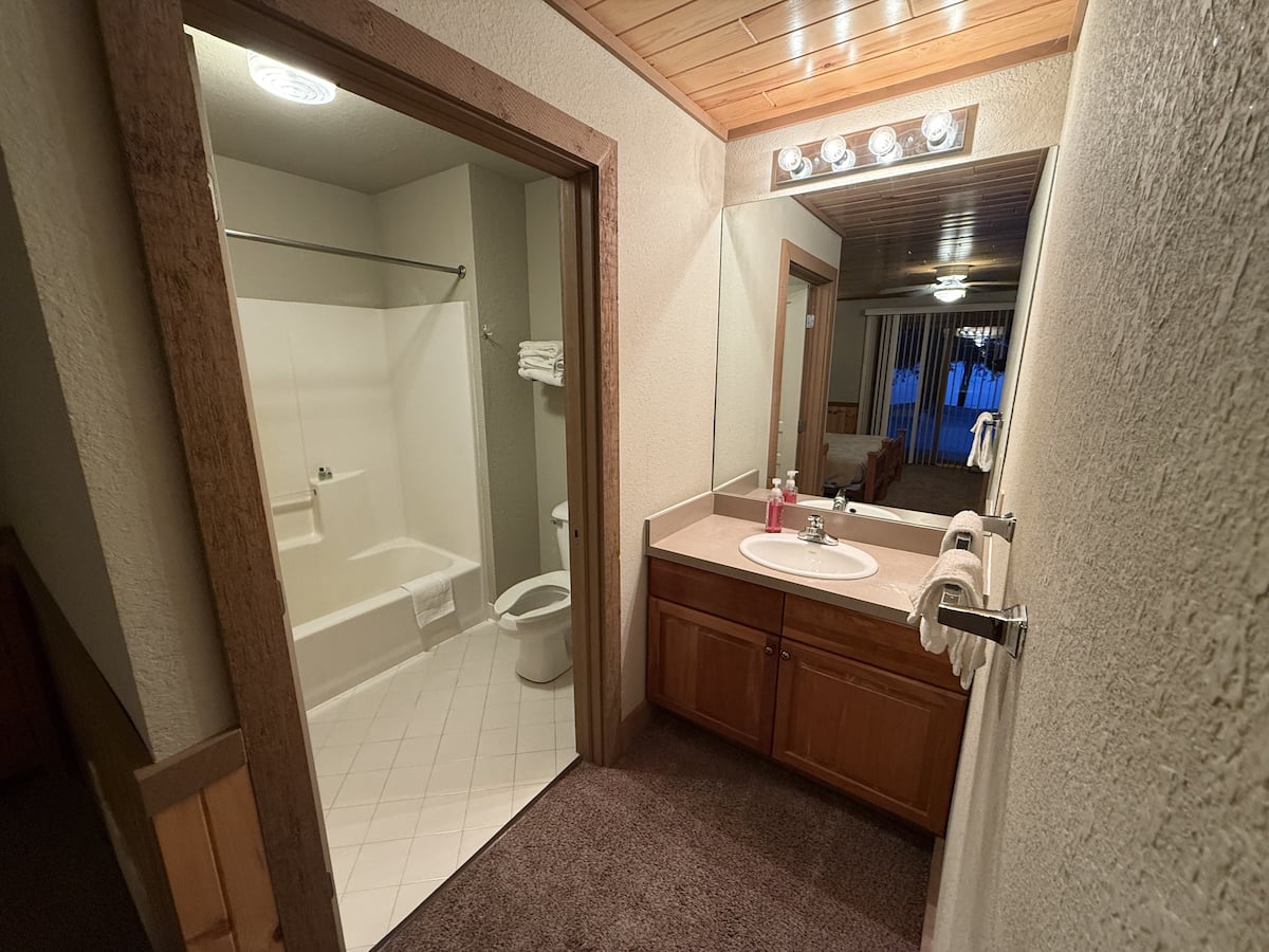 Lodge bathroom with tub and shower, toilet and vanity